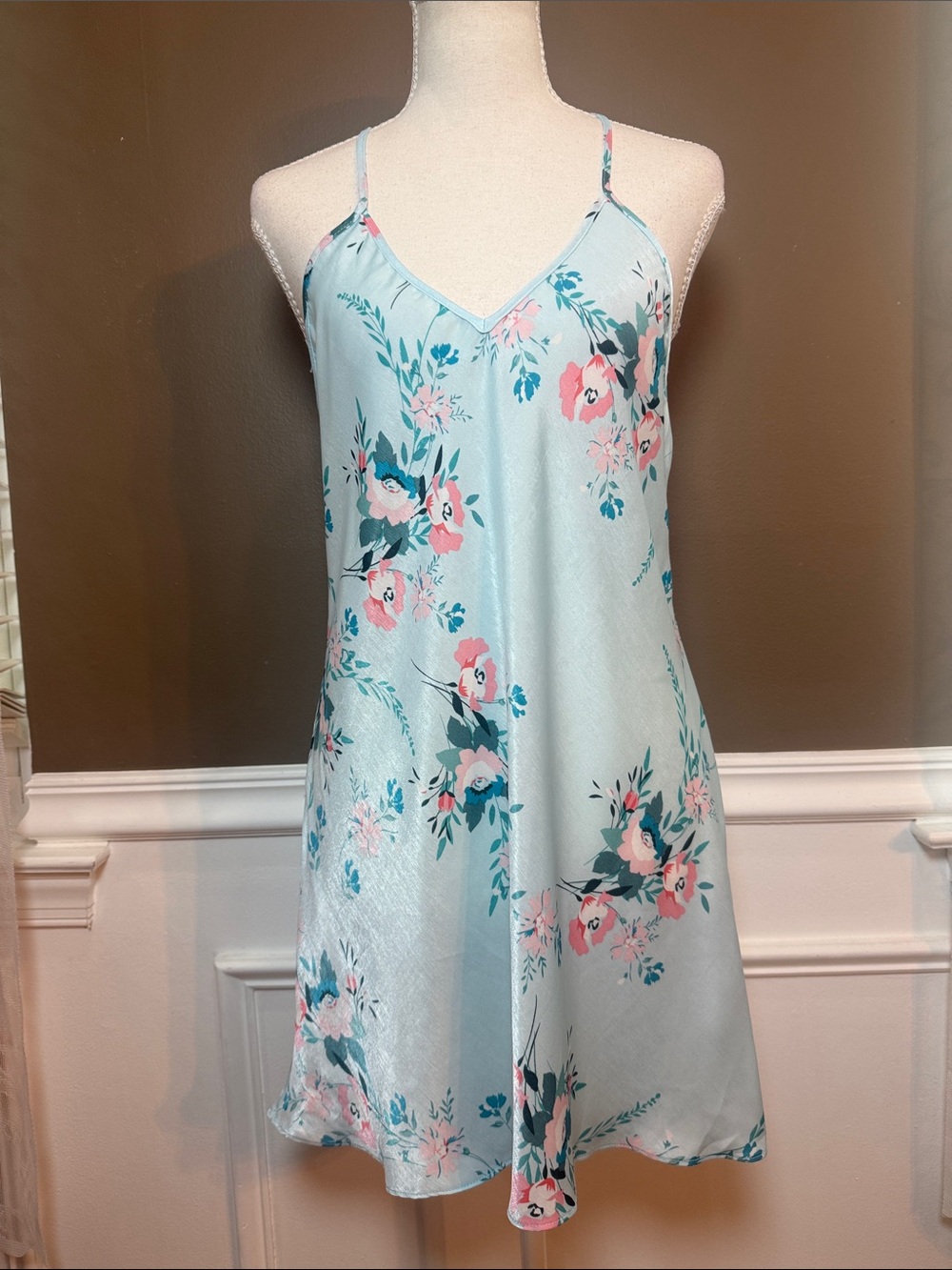 In Bloom by Jonquil Blue Floral Lace Back Chemise‎ Slip Dress M